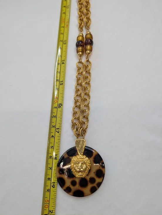 Vintage Gold Lion Medallion Necklace with Leopard-Pattern Disc - Picture 7 of 7